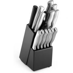 15-Piece High-Carbon Stamped Stainless Steel Kitchen Knife Set with Wood Block, Steak Knives, Razor-Sharp, Black