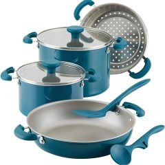 Rachael Ray 8-Piece Aluminum Cookware Set, Teal Shimmer