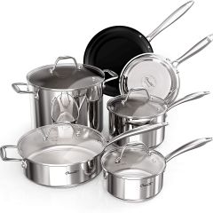 Ciwete Stainless Steel Pots and Pans Set 10 Piece Kitchen Cookware Set with Tri-Ply Bases and Lids