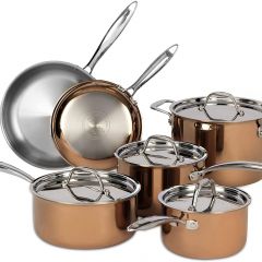 Ciwete Copper Tri-ply Stainless Steel Cookware Set, Kitchen Pots and Pans Set 10-Piece 