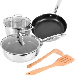 MOBUTA 5PCS Kitchen Cookware Sets Tri-Ply Stainless Steel Induction Cookware with Glass Lids