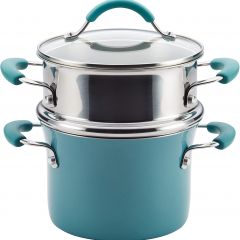 Rachael Ray Cucina Nonstick Sauce Pot/Saucepot with Steamer Insert and Lid, 3 Quart, Agave Blue