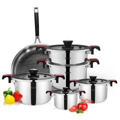 Qana 7pcs Set of Extra Thick Stainless Steel Household Micro Stew Pot Nonstick Wide Side Low Pressure Cooker Pan Wholesale