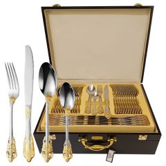 Royal Gold Couvert Dore 72 pcs Set with Wooden Box Stainless Steel Wedding Metal Serving Flatware