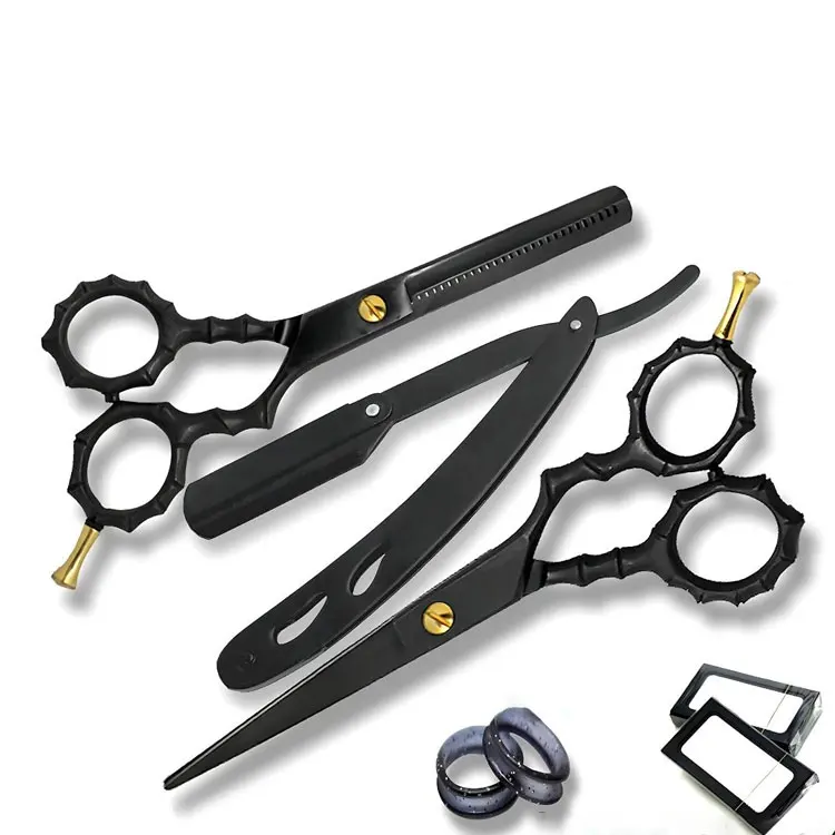 Wholesale Professional Stainless Steel Right-handed Black Coated Barber Hair Cutting Thinning Scissors Set Salon Grooming