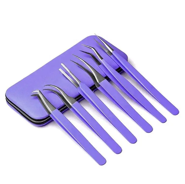 Purple Color Coated Stainless Steel Durable Eyelash Extension Tweezers Set Curved Straight Tips For Lash Application Beauty Use