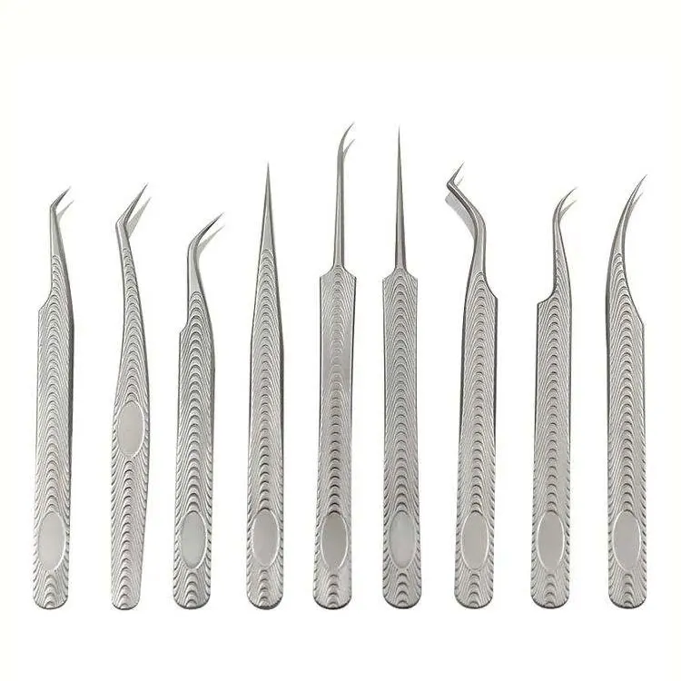 Stainless Steel 9 Pcs Eyelash Extension Tweezers Set With Curved Straight And Fine Point Tips For Professional Lash Application