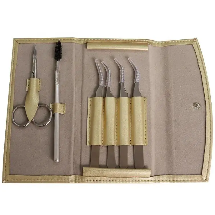 Wholesale Professional Eyelash Extension Tweezers Kit 4 Curved Tweezers Scissors Brush Pu Leather Pouch For Salon Use