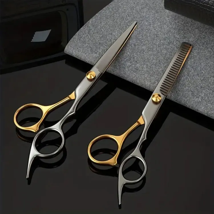 Stainless Steel 6 Inch Right-handed Medium Handle Hair Cutting Thinning Scissors Set Black Gold Finish For Professional Barber