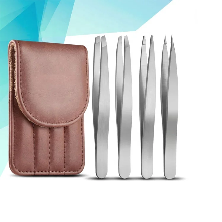 Stainless Steel Eyebrow And Ingrown Hair Tweezers Set Of 4 With Pu Leather Pouch Precision Grooming Tool Kit