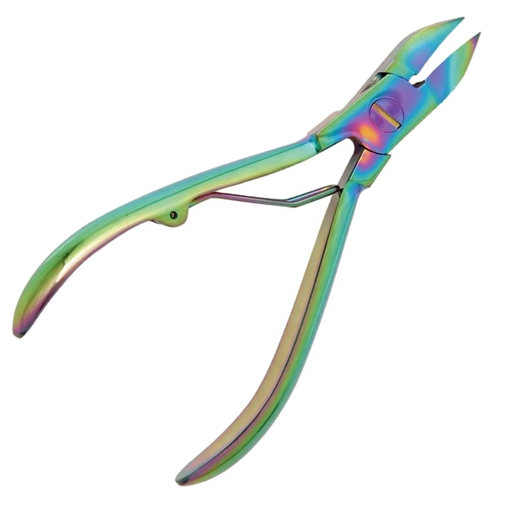 High Quality Rainbow Titanium Coated Nail Nipper Cutter With Sharp Curved Blades Wire Spring Toe Nail Nipper
