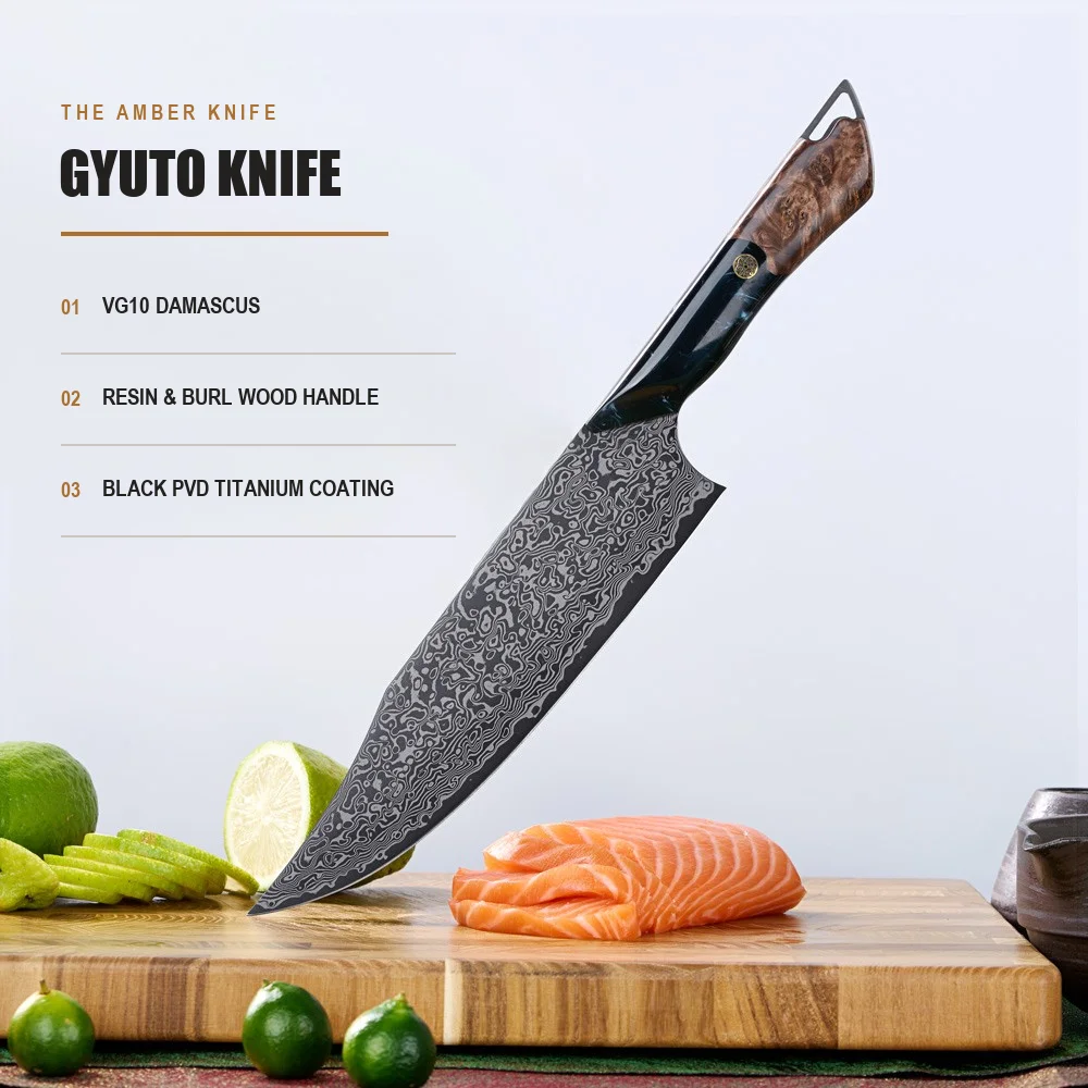 Vg10 Damascus Steel Kitchen Knife Titanium Coated Black Blade Full Tang Stabilized Wood Handle Meat Cutting Knife Chef Knife