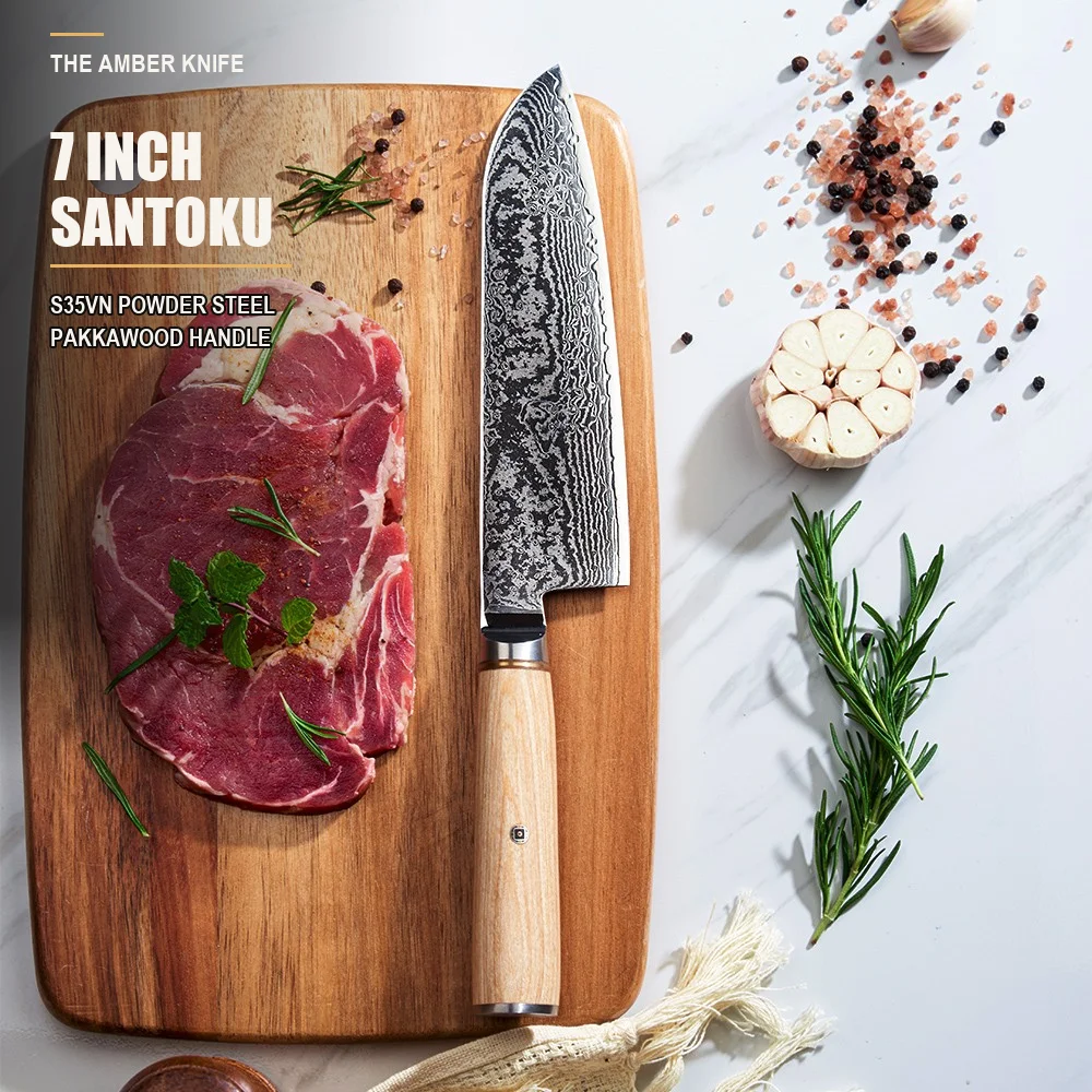 14cr Core S35vn Powder Steel Damascus Santoku Knife 7 Inch 60-62 Hrc Pakka Wood Handle Japanese Kitchen Knife Food Cutting