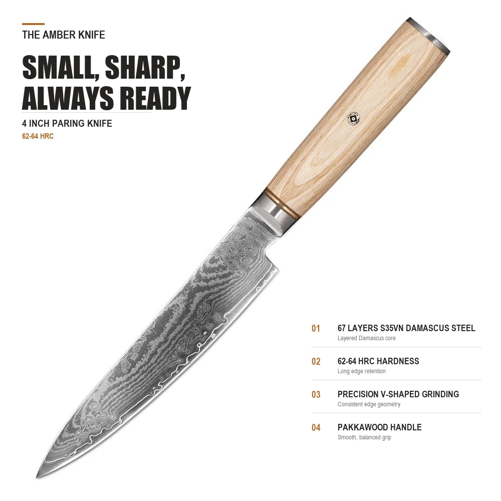S35vn Powder Steel Damascus Utility Knife 5 Inch 62-64 Hrc Pakka Wood Handle Fruit Paring Knife Kitchen Slicing Custom Logo