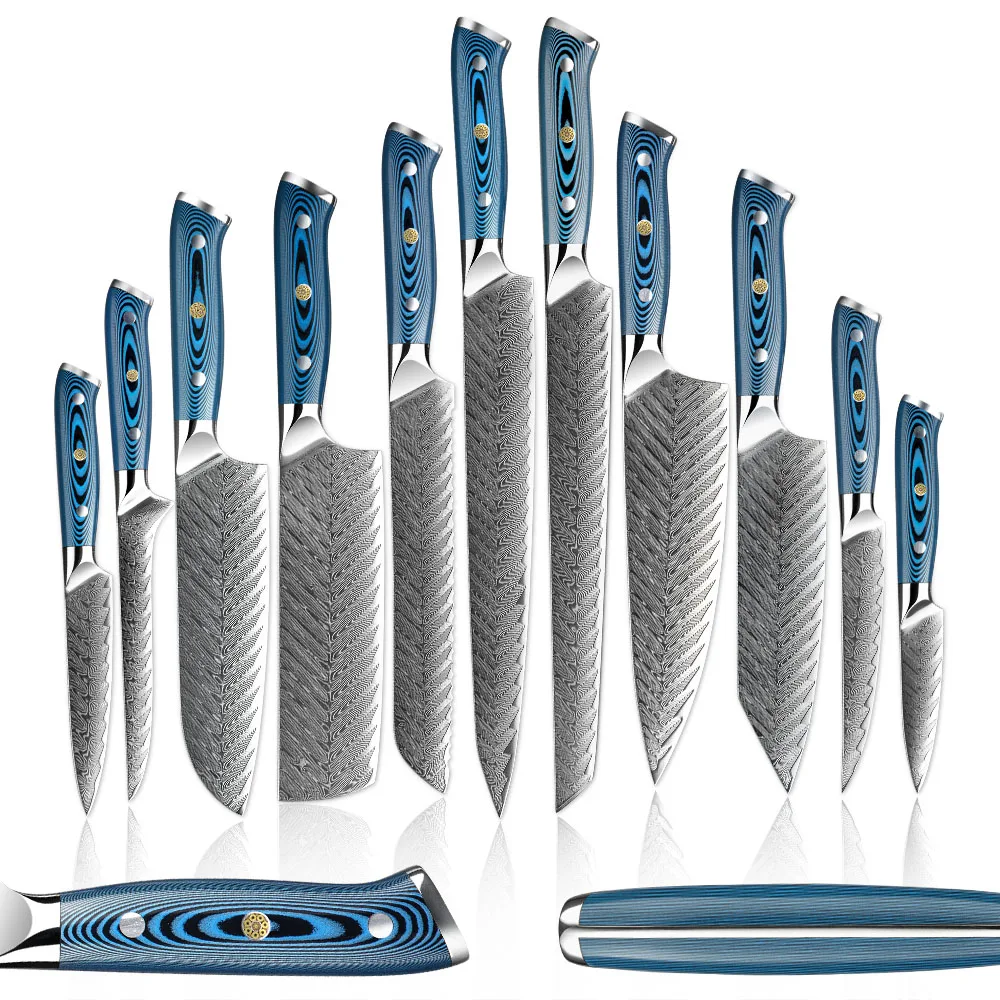 73 Layers Ladder Pattern Aus10 Damascus Knife Set Blue Pakkawood Handle 11pcs Chef Knife Set Kitchen Home Cooking