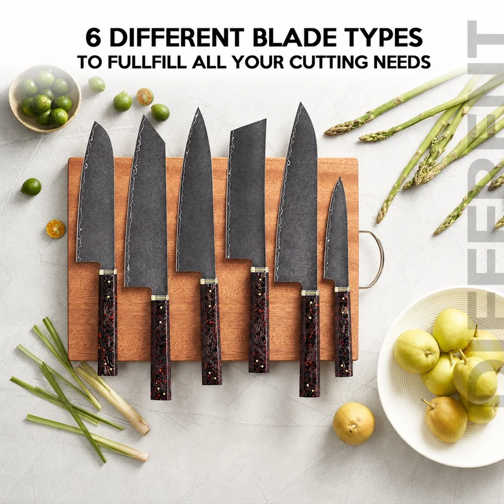 Japanese Chef Knife Set High Carbon Steel Vg10 Black Blade Kitchen Knife Kit Carbon Fiber Handle Copper Pin Professional Cooking