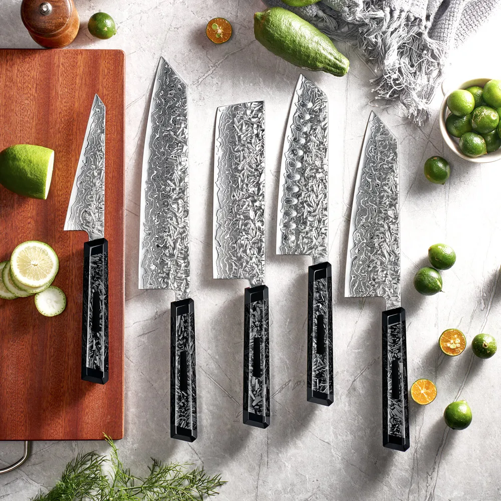 Luxury 5pcs M390 Powder Steel Damascus 61-63hrc Japanese Chef Knives Set Carbon Fiber Handle For Modern Kitchen Cooking
