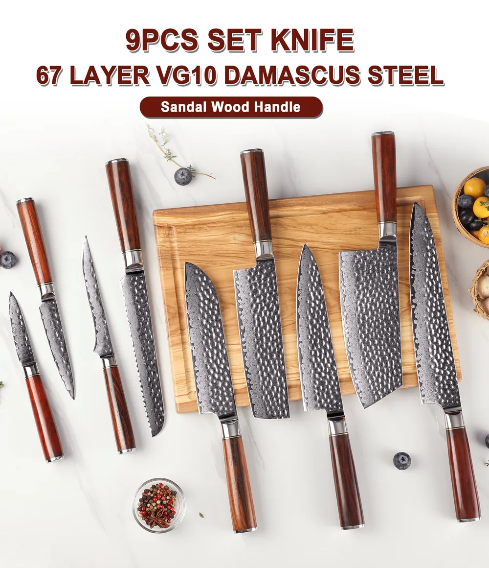 Amber Kitchen Knife Set Custom Logo Sandal Wood Handle 67layers Vg10 Damascus Steel Hammer Blade Professional Chef Knife Set