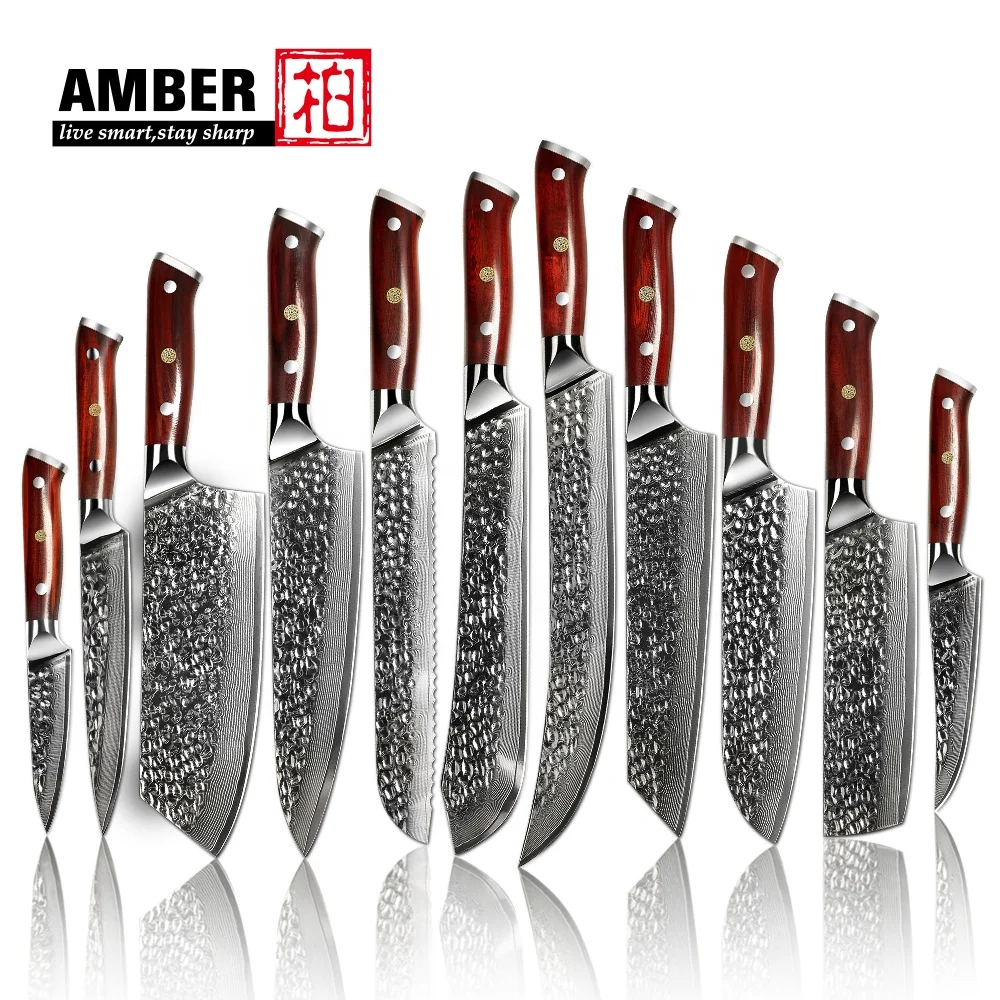 Amber Professional Wooden Handle Kitchen Knife Set Vg10 67 Layers Damascus Steel Chef Knife Set With Hammer Blade