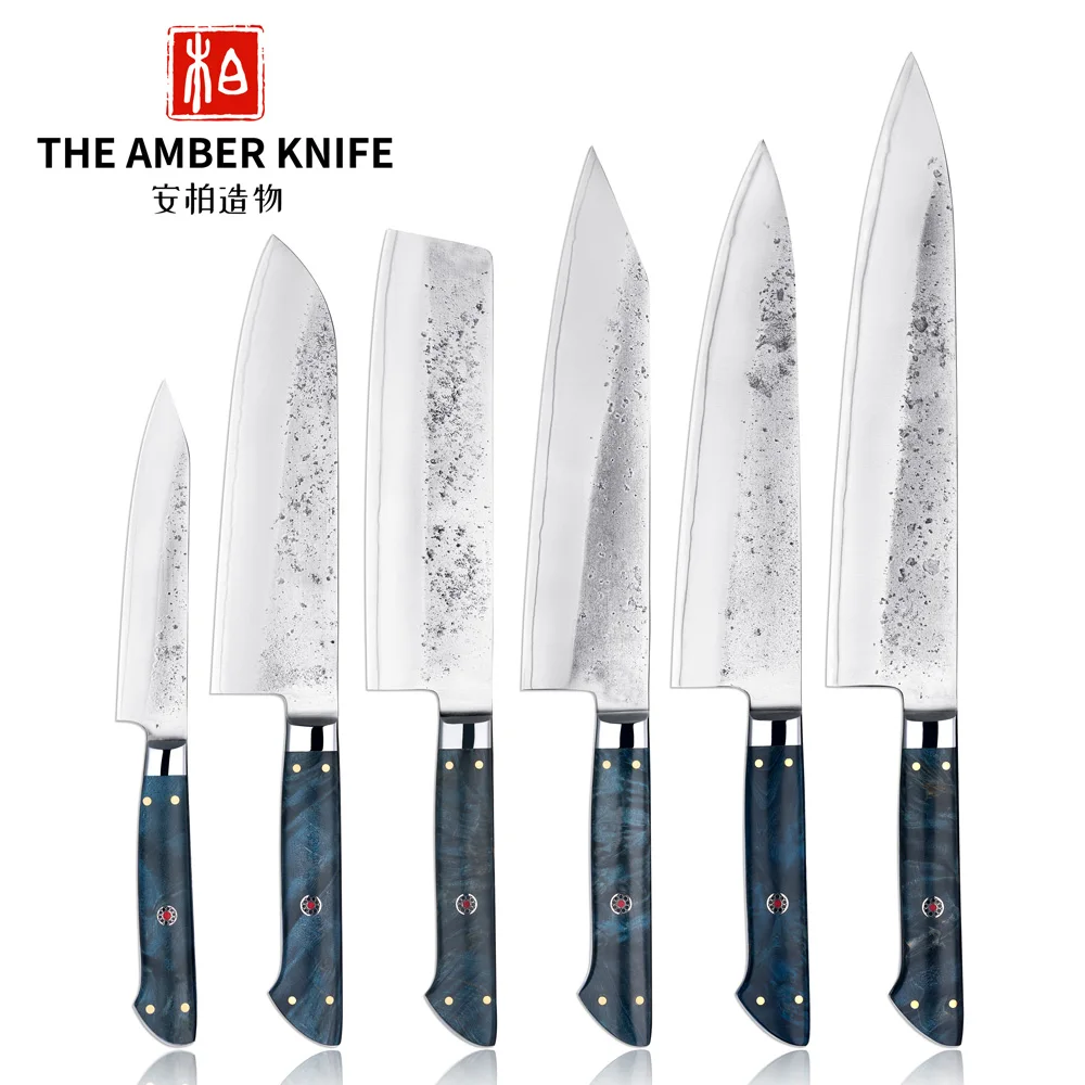 Amber Hand Forged Blade Vg10 High Carbon Steel 3layers Professional Santoku Japanese Knife Set Kitchen Knife Set Chef Knife Set