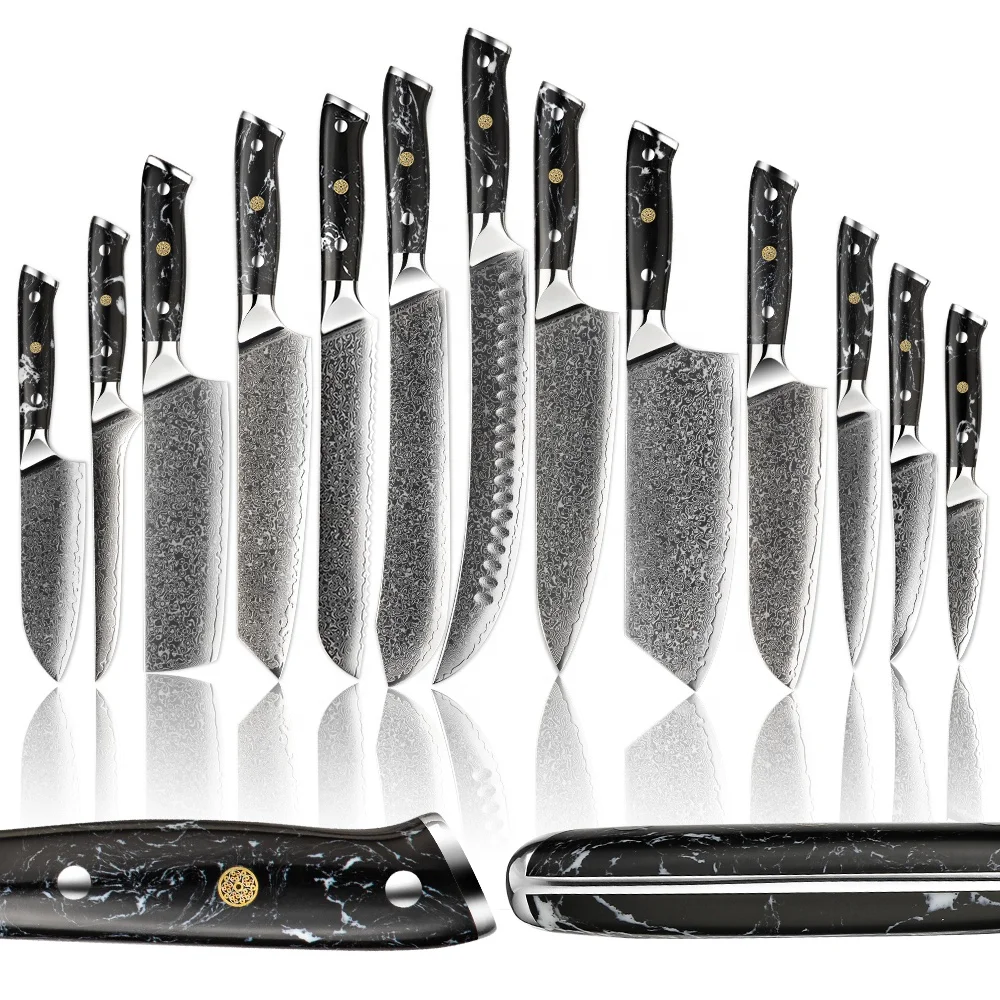 Amber 8pcs Damascus Chef Knife Set Professional Chef Knife Set Japanese Chef Knife Set With Luxury Turquoise Stone Handle