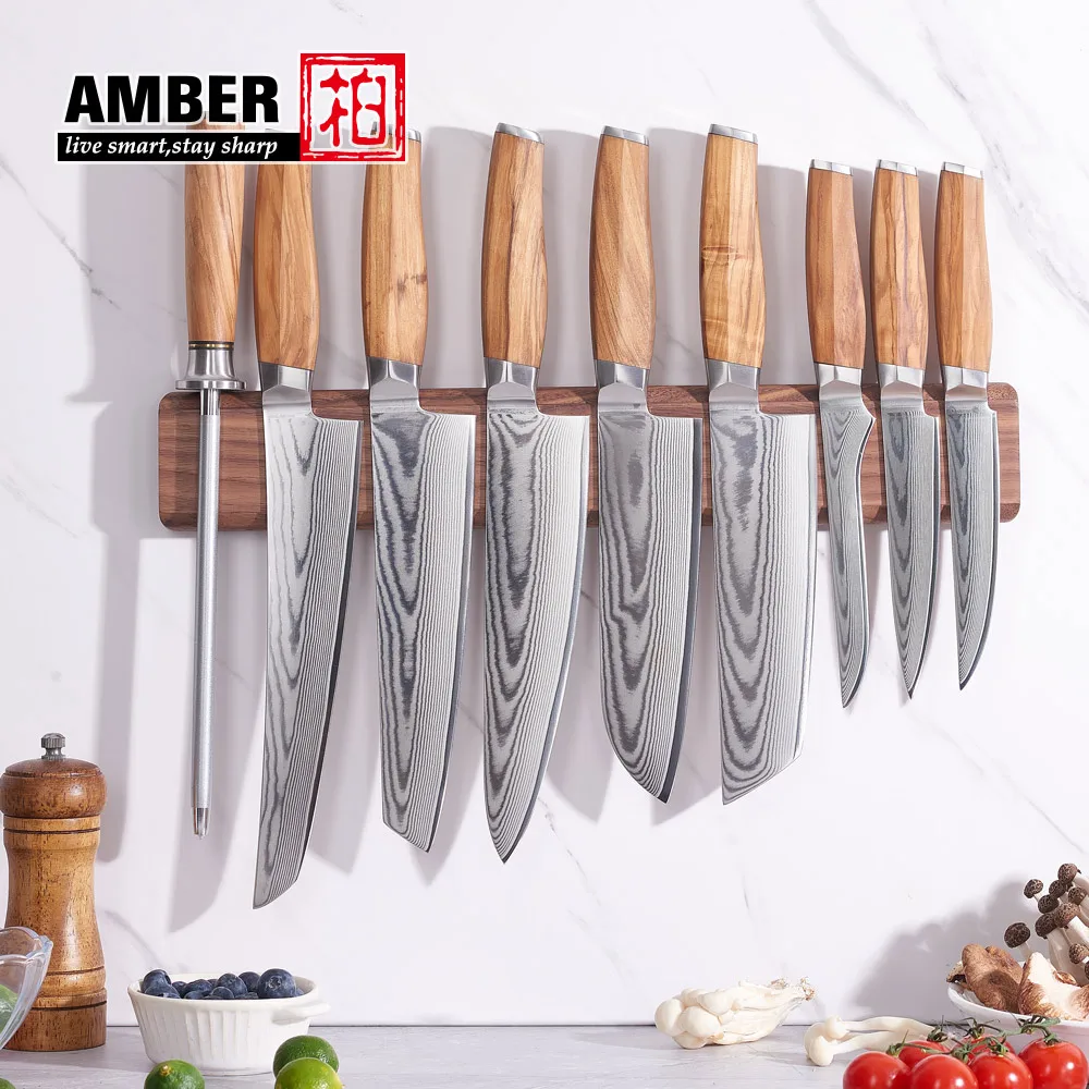 High Quality 67layers Vg10 Damascus Knife Set Olive Wood Handle Kitchen Knife Set With Magnetic Stand