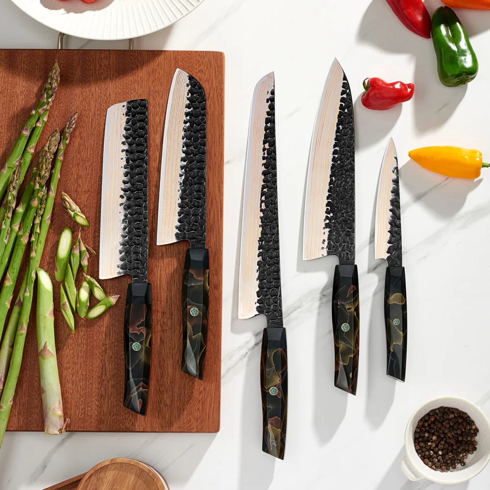 Amber Vg10 Copper Damascus Steel Knife Set Japanese Kitchen Knife Set Chef Knife Set With Resin Handle