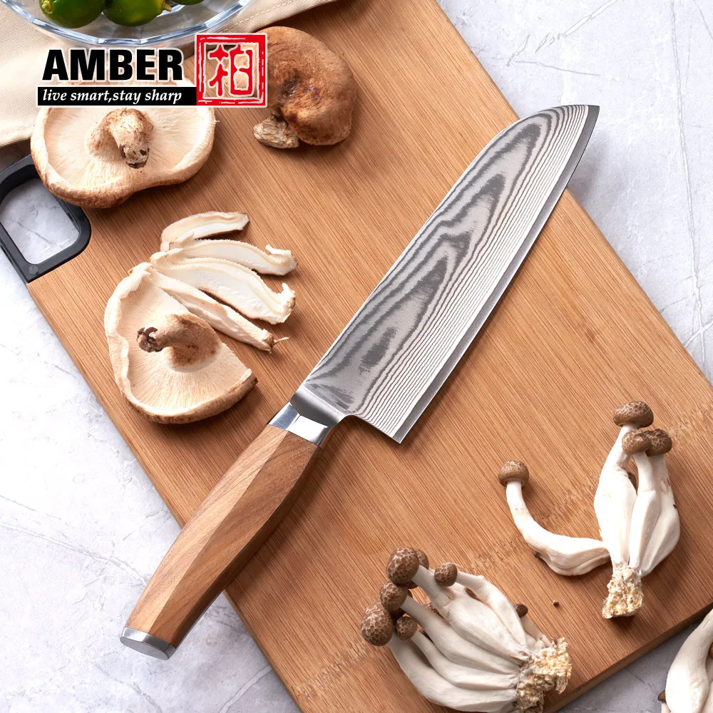 Custom Logo 7 Inch Damascus Santoku Knife Vg10 Damascus Steel Kitchen Knives With Olive Wood Handle