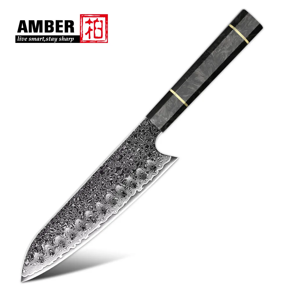 Amber Japanese Knife Kitchen Knives Handmade Knives 7 Inch Santoku With Carbon Fiber Resin Handle