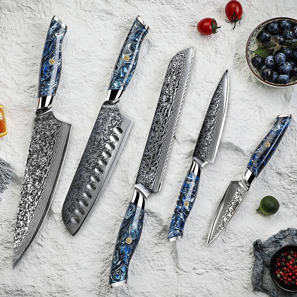 Amber Professional Damascus Knife Set 67layer Vg10 Kitchen Chef Utility Fruit Paring Knife Set Kitchen Knives Set