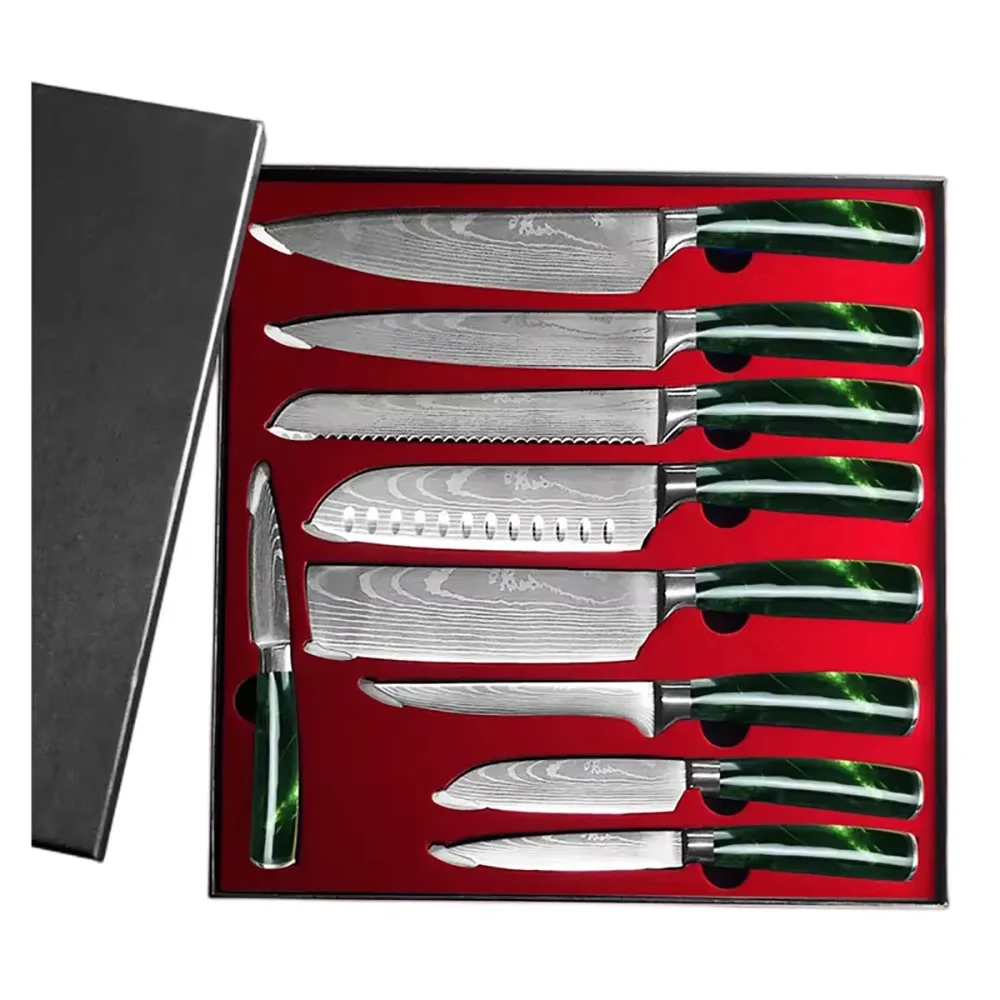 Amber 9 Pcs 4cr13 Laser Pattern Premium Kitchen Knives Professional Stainless Steel Knife Set With Wooden Handle