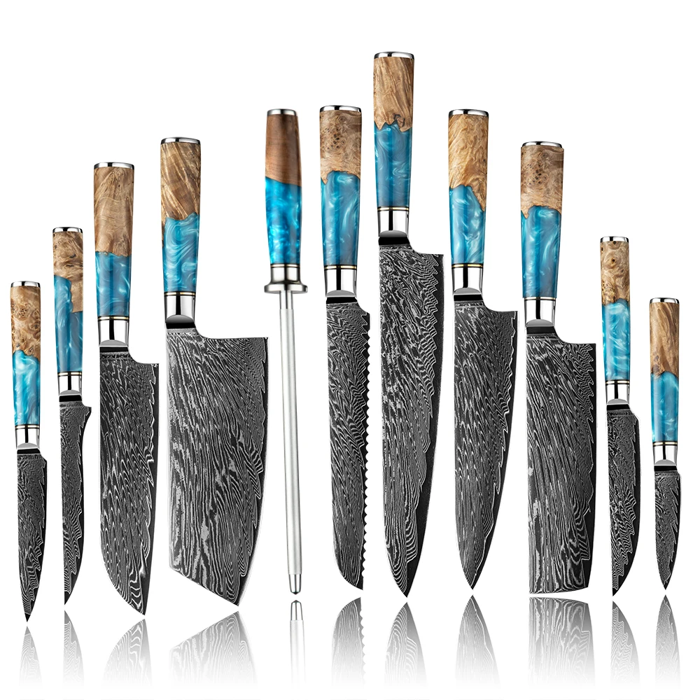 Amber Luxury Blue Resin 67layers Vg10 Damascus Steel Kitchen Knife Set With Resin Handle