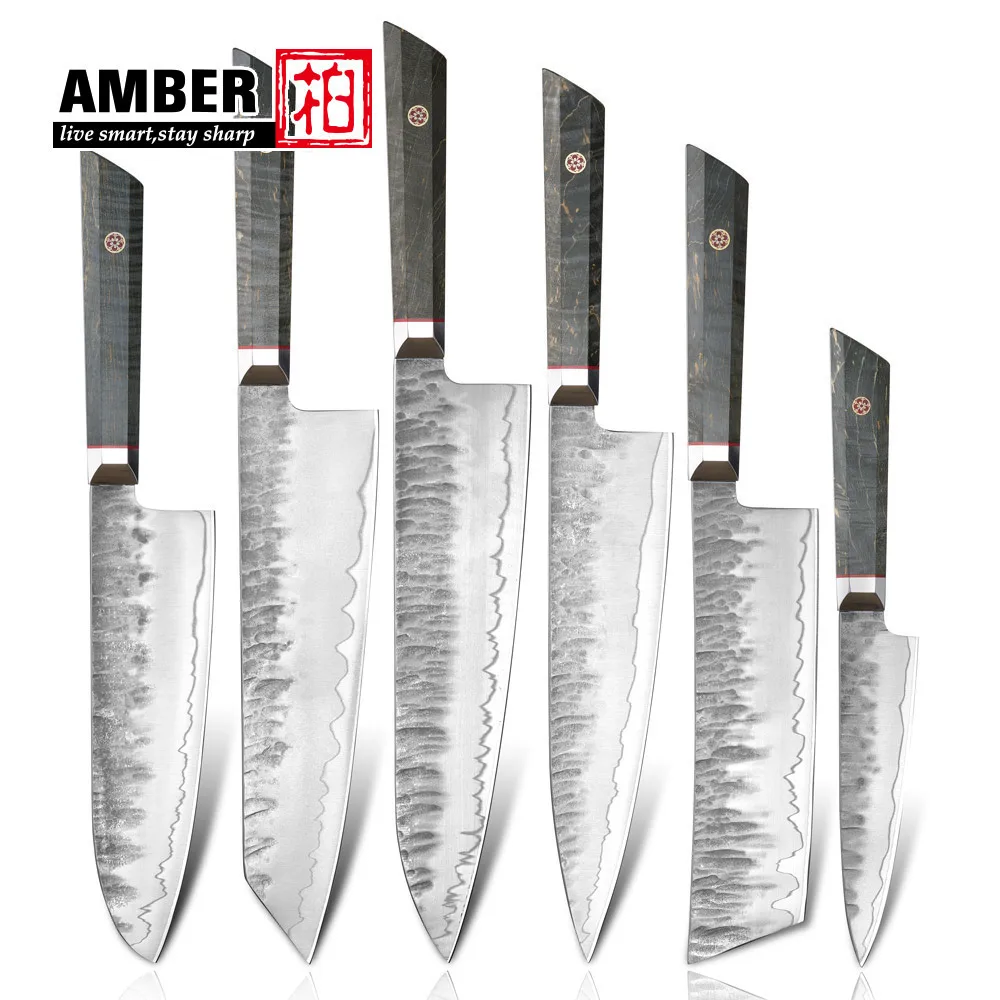 Amber Real Forged Wooden Handle Kitchen Knives Set Japanese Chef Knife Set Handmade Kitchen Knives Set With Silver Blade