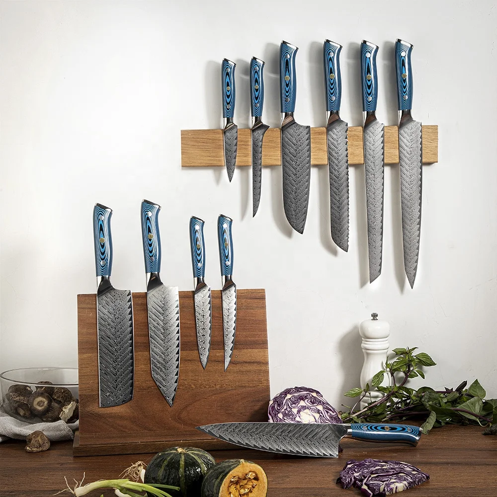 New Arrival Ladder Pattern Blue Handle Amber Carbon Steel Chef Knife 73layers Japanese Kitchen 60-62 Hrc Knife Set