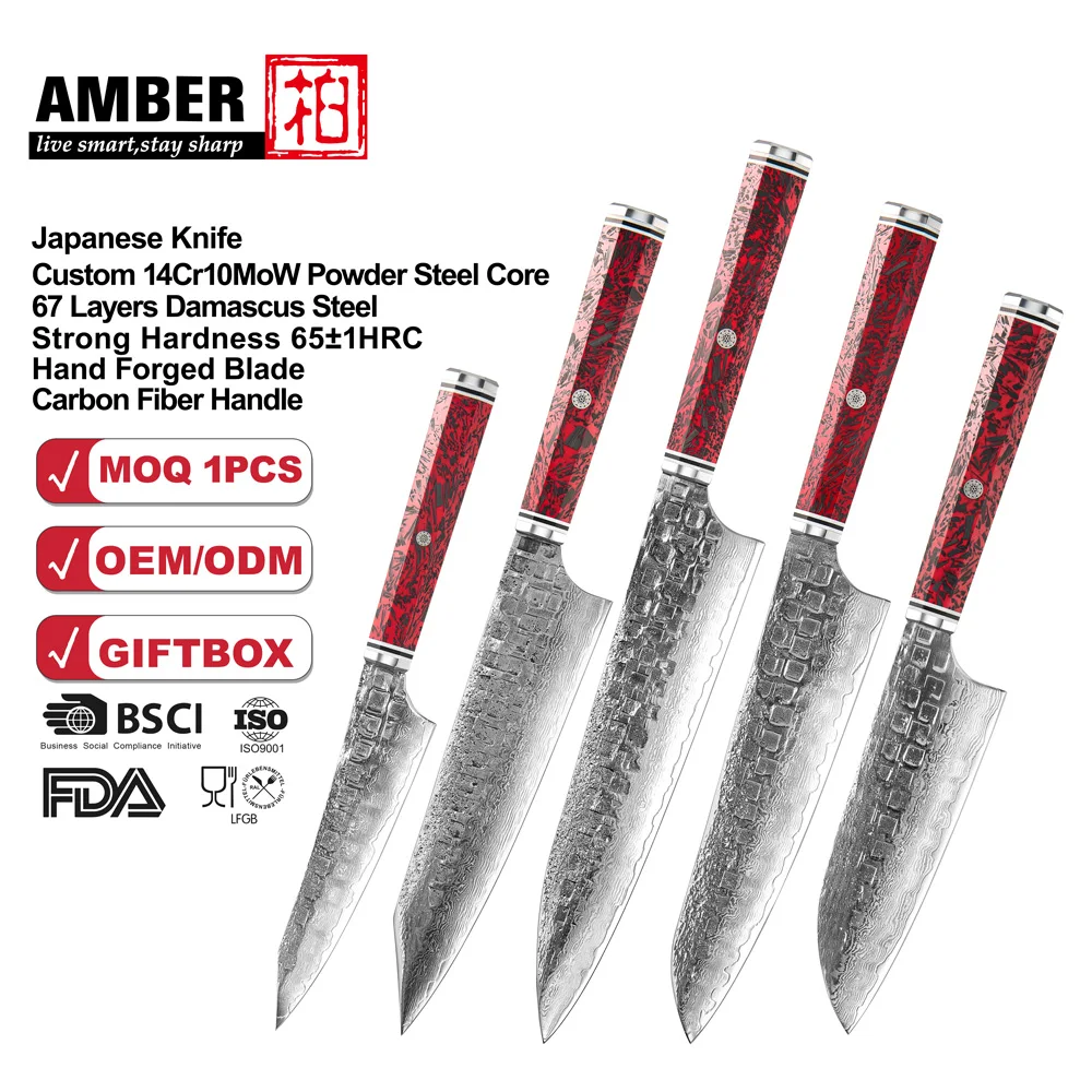 Amber Exclusive Supply Damascus Hand Forged Kitchen Knife Set Japanese Chef Knives Set For Ktichens Cooking Tool Fast Delivery
