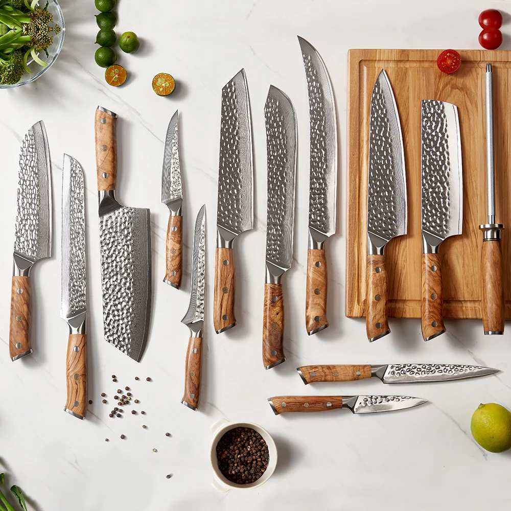 Amber Vg10 Damascus Steel Chef Knives Set Mirror Hammer Blade Professional Kitchen Knife Set With Olive Wood Handle