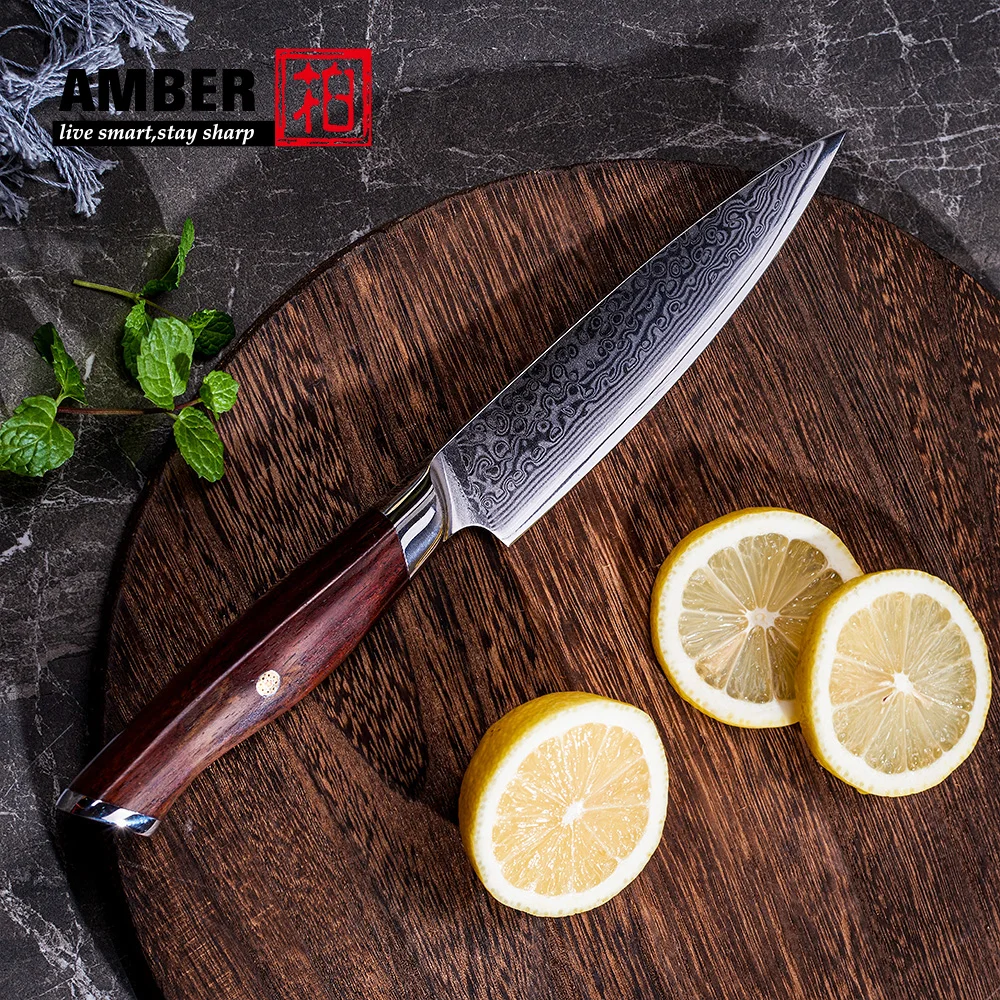 Amber Full Tang Rose Wood Handle 3.5 Inch Kitchen Paring Knives Vg10 Damascus Utility Fruit Carving Knife Raindrop Pattern