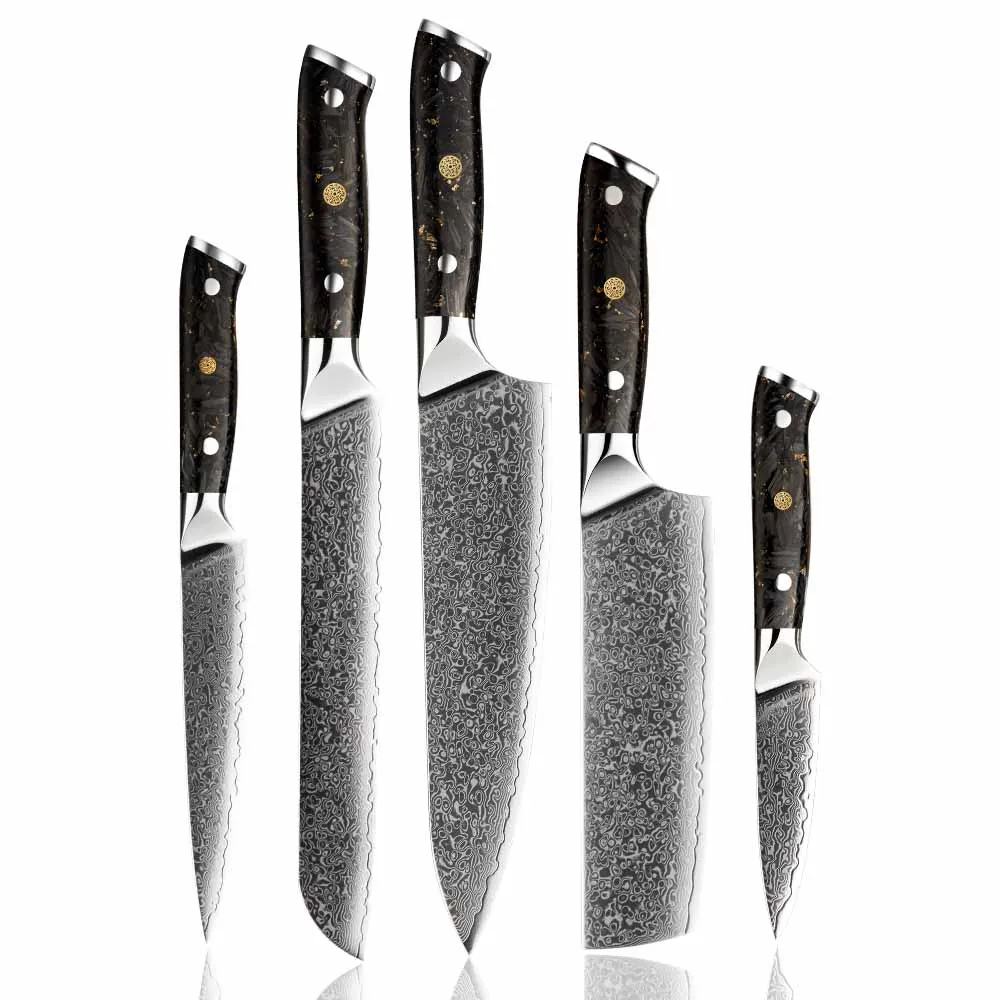 Amber Top Seller 5-piece Vg-10 Damascus Steel Chef Knife Set With Carbon Fiber Handles Eco-friendly Giftbox Packaging