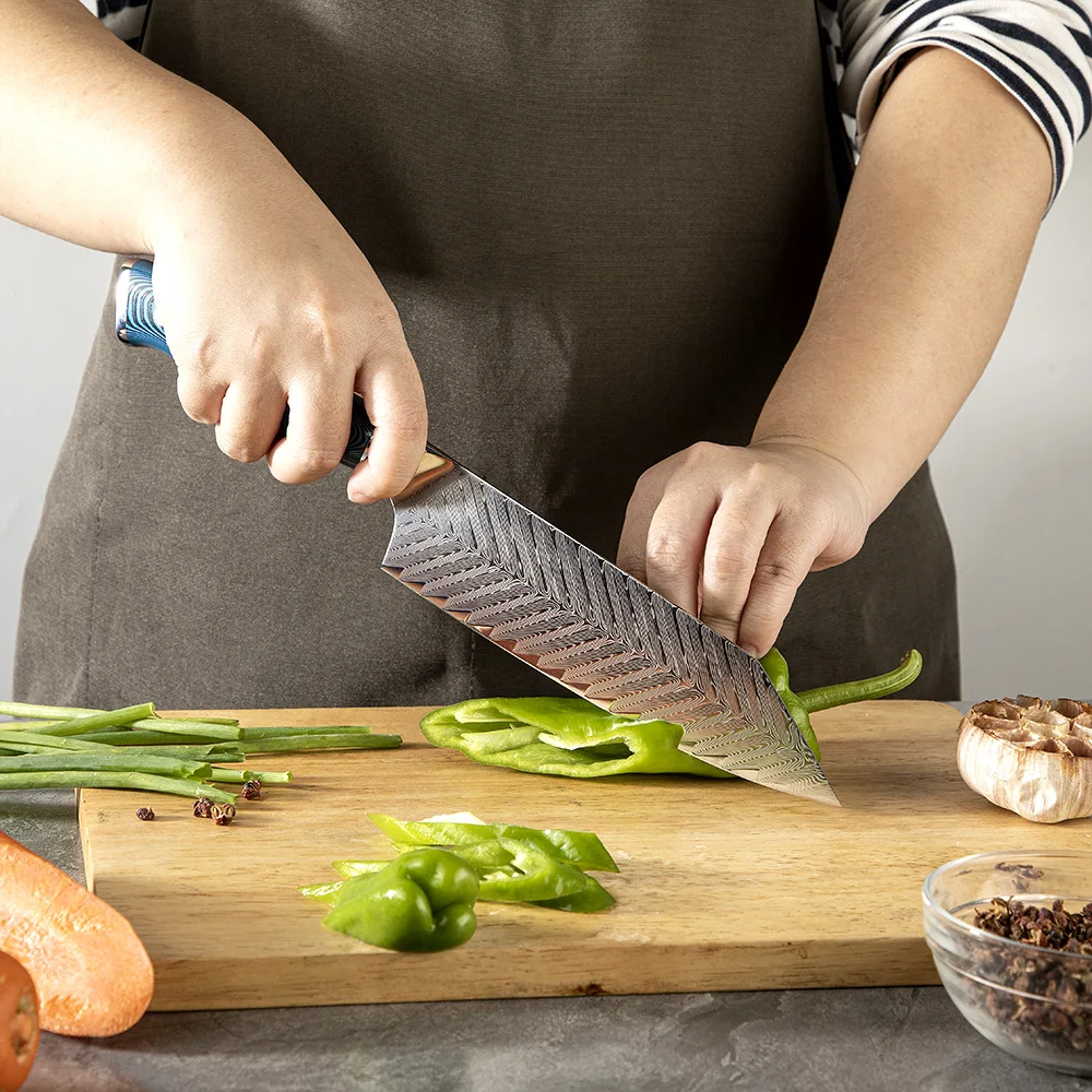 Japanese Bunka Kitchen Cleaver Knife Damascus Steel Blue Pakkawood Handle 60+ Hardness Eco-friendly