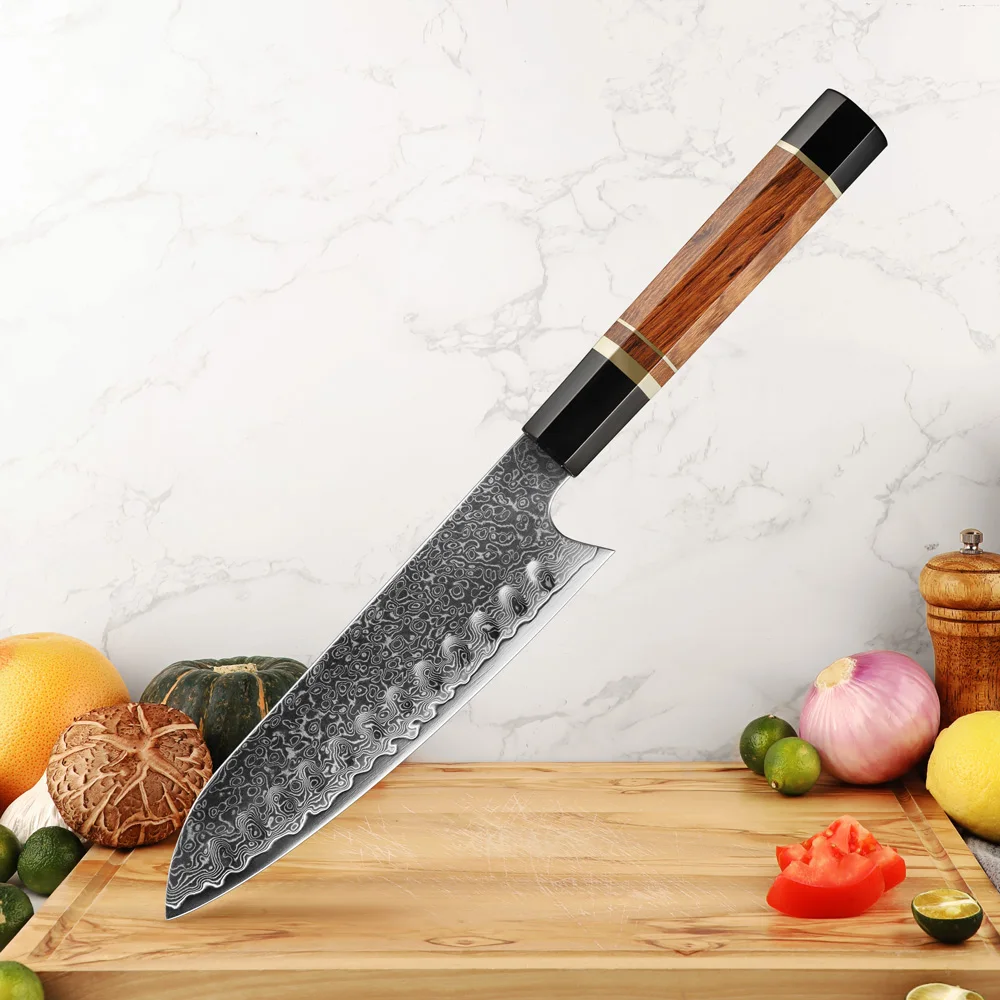 Amber 7" Japanese Santoku Knife 67 Layers Damascus Steel Wood Eco-friendly Professional Chef Kitchen Utility Sharp Cleaver