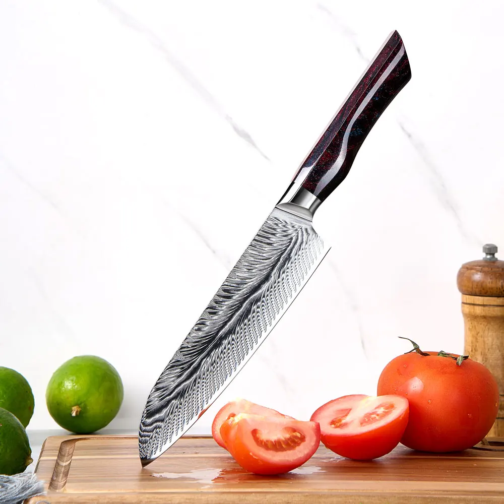 Amber New Arrival Damascus Kitchen Santoku Knife 7 Inches Professional High-polish Finish Ambidextrous Resin Handle