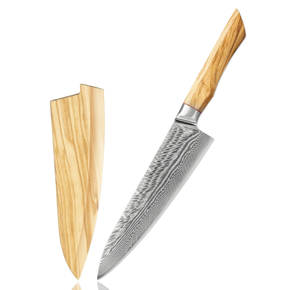 Amber Knife Special Design Olive Wood Handle Japanese Chef Knife 73 Layers Aus10 Damascus Steel Kitchen Knives