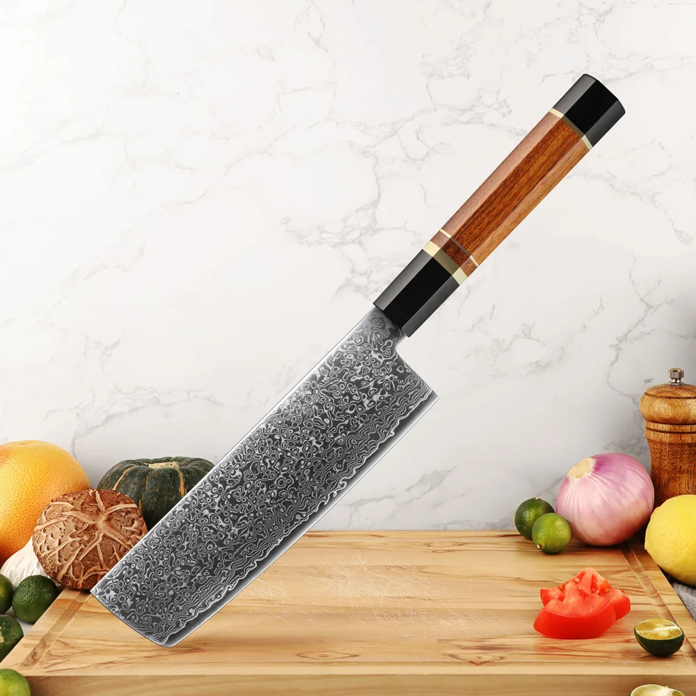 Amber 7 Inch Nakiri Knife 67 Layers Damascus Steel Knife Japanese Chef Knives Kitchen Vegetable Meat Knife With Wood Handle