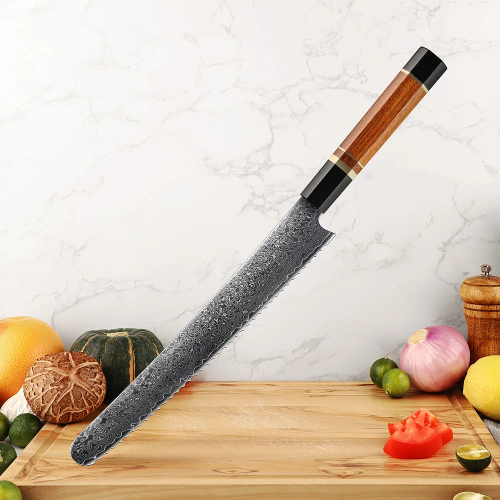 Amber Kitchen Bread Knife Serrated Design 67 Layers Damascus Kitchen Knives Vg10 Core Blade Japanese Chef Knives Gift Box