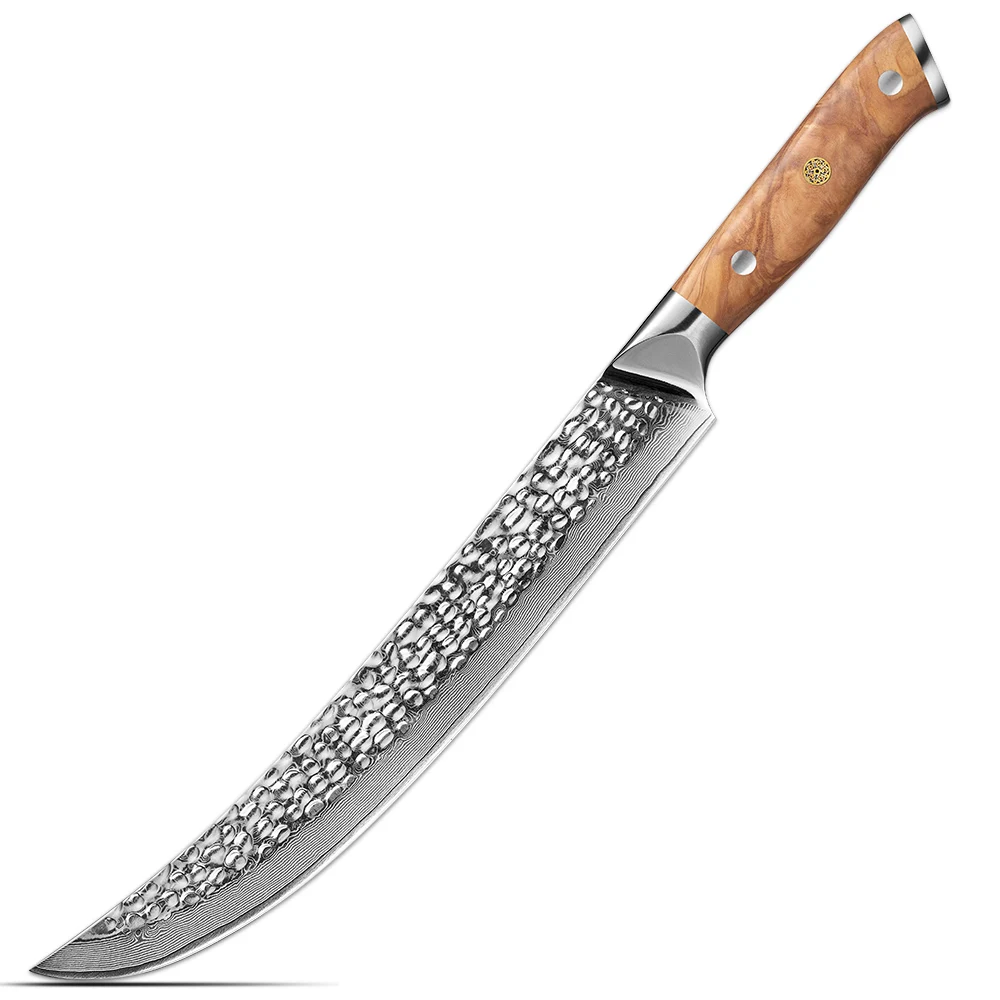67 Layer Damascus Steel Oem Slaugther Carving Knife Full Tang Olive Handle Damascus Slicing Knife