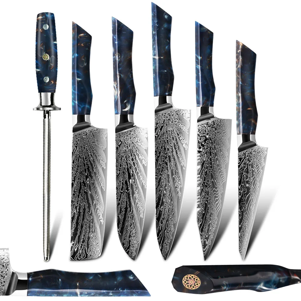 1-6pcs Kitchen Knife Set 73 Layers Custom Damascus Steel Blade With Resin Handle
