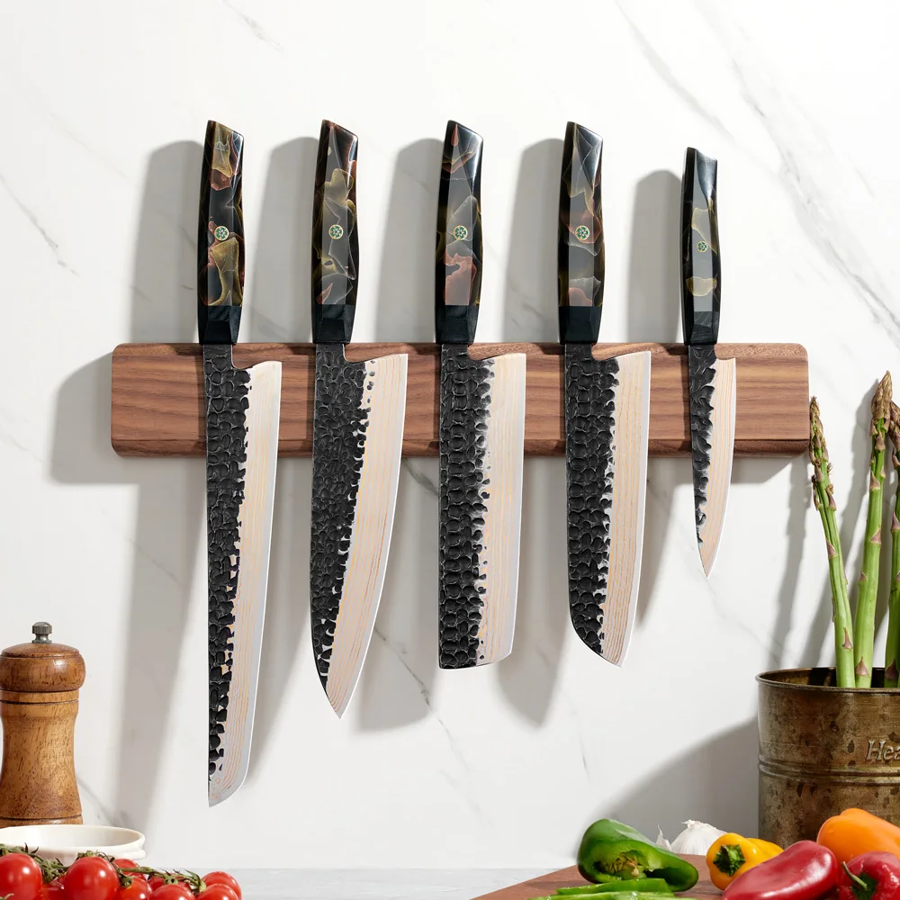 Amber Copper Damascus Steel Kitchen Knives Set Damascus Steel Chef Santoku Utility Slicer With Resin Handle