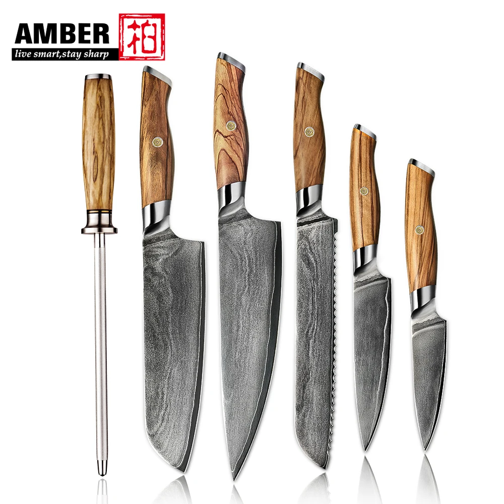 New Design 3 Layer Composite 5pc Kitchen Knife Set Stainless Steel Knife Set Carbon Steel Knife Set With Olive Wood Handle