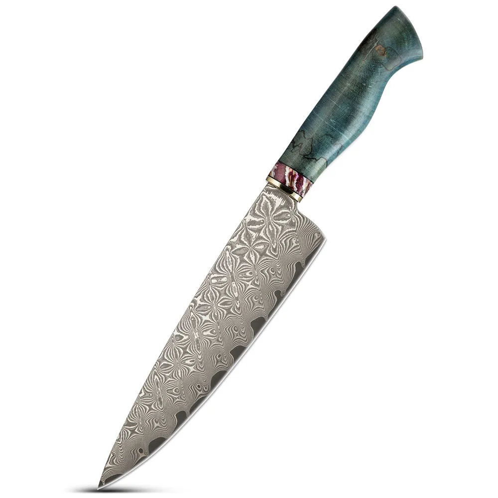 High Quality Handmade 67layers Vg10 Acid Damascus Steel Kitchen Chef Knife With Blue Spalted Wood Mammoth Handle