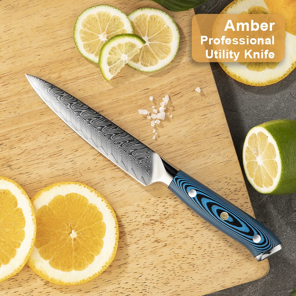 Amber 73layers Ladder Pattern Damascus Steel Knife 5inch Curved Fruit Knife Damascus Steel Kitchen Knife In High Quality